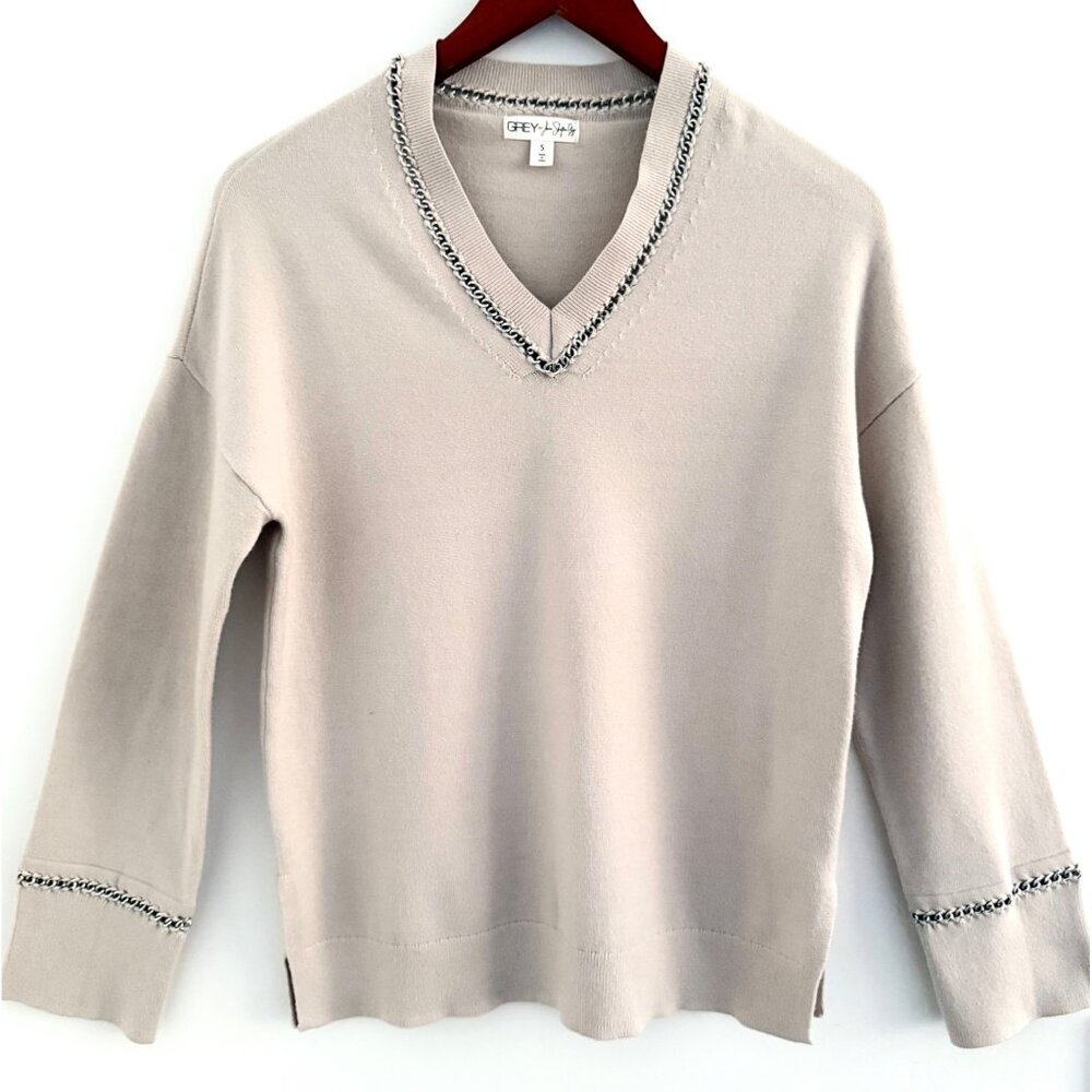 GREY Jason Wu Chain Trim V-Neck Sweater Beige S Minimalist Quiet‎ Luxury Knit